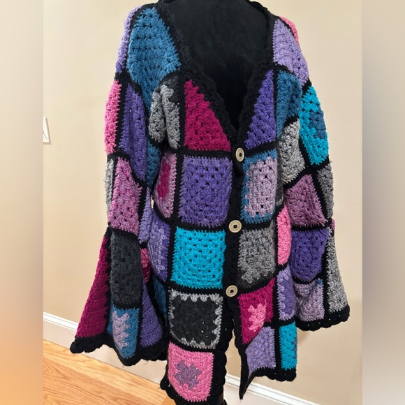 Handmade Granny Square Bell Sleeve Cardigan Vibrant Pink Purple & Blue Size L XL - Picture 3 of 8